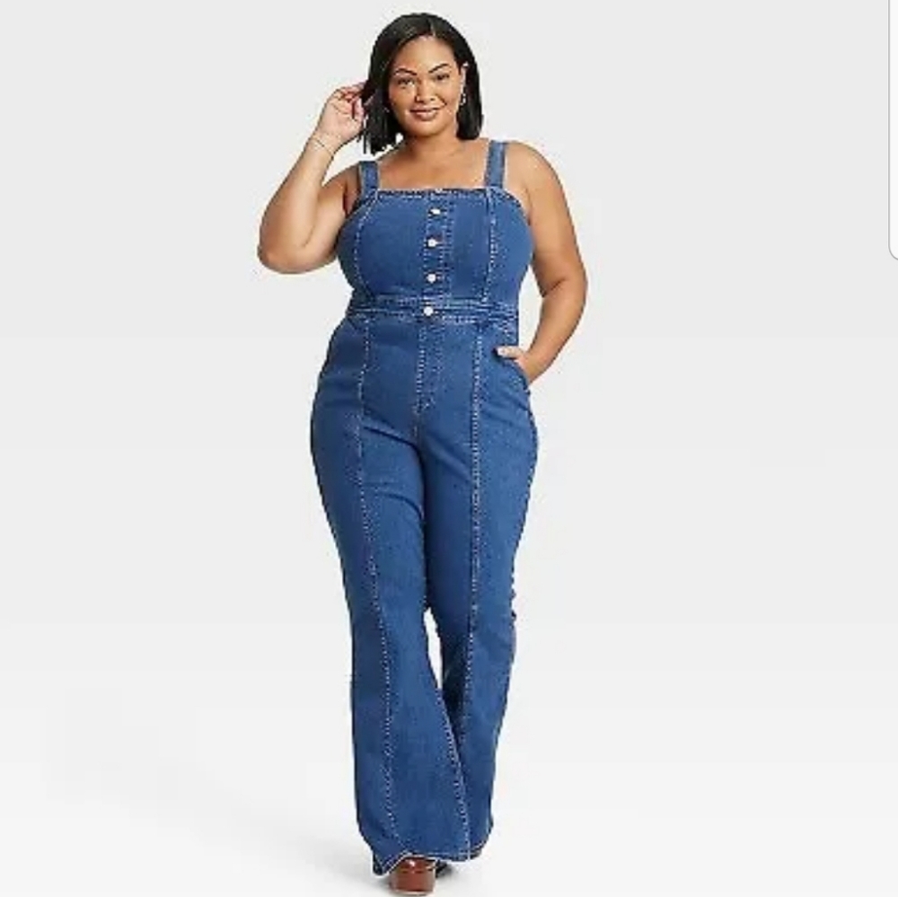 Women's Sleeveless Flare Leg Denim Jumpsuit - Ava & Viv Indigo 17